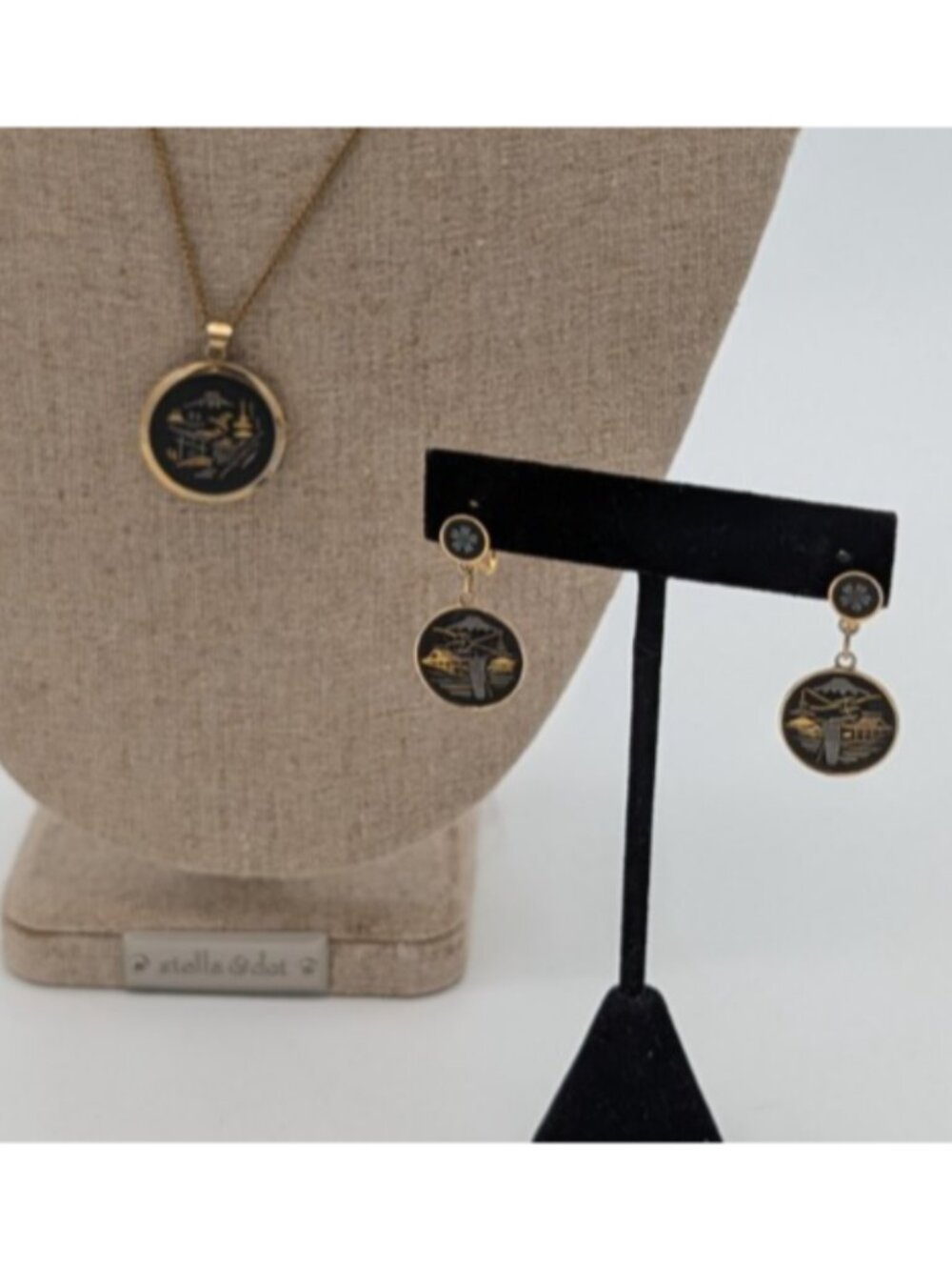 Vintage Japanese Shakudo Damascene Asian Scene Pagoda earrings & Locket Pendant